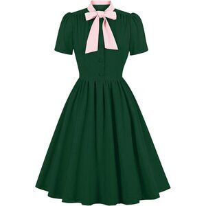 Vintage 1950s Dress Woman Short Sleeve Tie Midi Retro Cocktail Evening